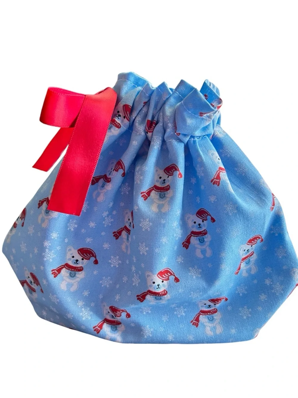 Hand Crafted Blue Snowman Drawstring Gift Bag Red Ribbon Eco Friendly Reusable